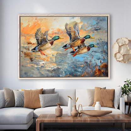Duck Flying Huting Painting Art, Framed Canvas Print, Painting Art, Floating Framed Canvas Print Wall Art