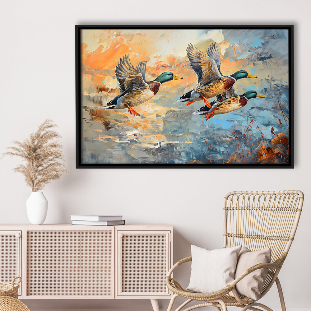 Duck Flying Huting Painting Art, Framed Canvas Print, Painting Art, Floating Framed Canvas Print Wall Art
