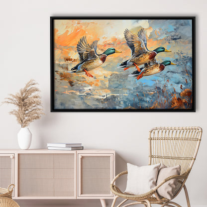 Duck Flying Huting Painting Art, Framed Canvas Print, Painting Art, Floating Framed Canvas Print Wall Art