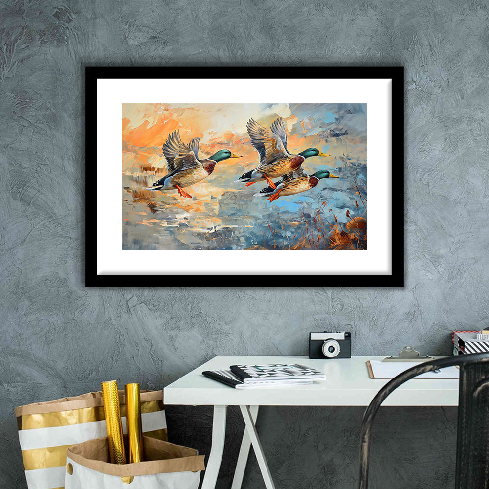 Duck Flying Huting Painting Art, Framed  Print, Painting Art, Framed Art Print White Border Wall Decor