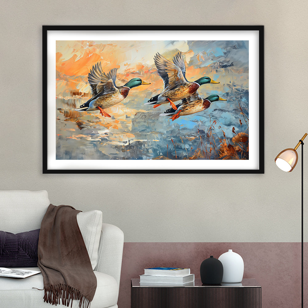 Duck Flying Huting Painting Art, Framed  Print, Painting Art, Framed Art Print White Border Wall Decor