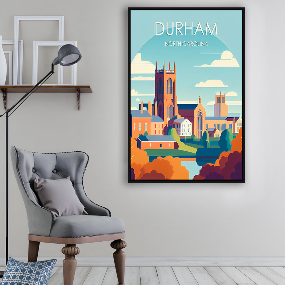 Durham North Carolina Retro Art Print, Durham City Wall Art, Floating Framed Canvas Print, Framed Picture, Painting Canvas