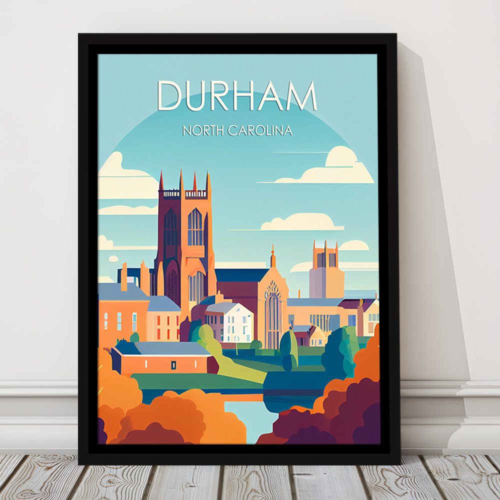 Durham North Carolina Retro Art Print, Durham City Wall Art, Floating Framed Canvas Print, Framed Picture, Painting Canvas