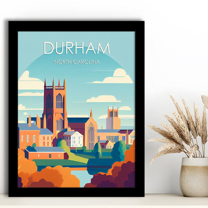 Durham North Carolina Retro Art Print, Durham City Wall Art, Framed Art Print, Picture Framed, Painting Art