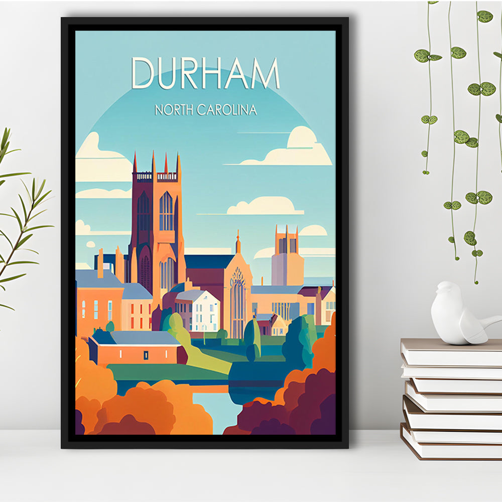 Durham North Carolina Retro Art Print, Durham City Wall Art, Floating Framed Canvas Print, Framed Picture, Painting Canvas