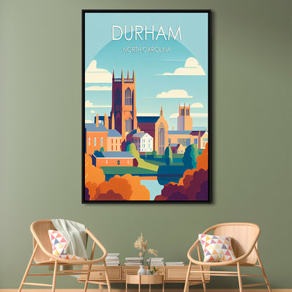 Durham North Carolina Retro Art Print, Durham City Wall Art, Floating Framed Canvas Print, Framed Picture, Painting Canvas
