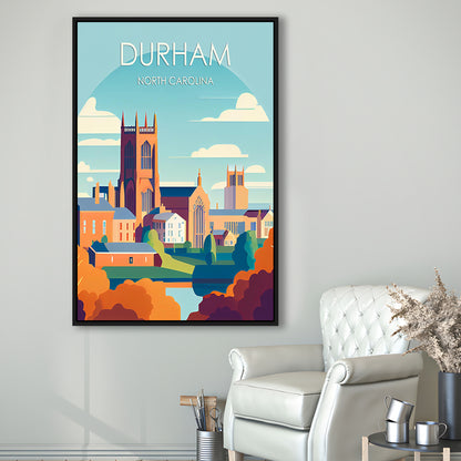 Durham North Carolina Retro Art Print, Durham City Wall Art, Floating Framed Canvas Print, Framed Picture, Painting Canvas