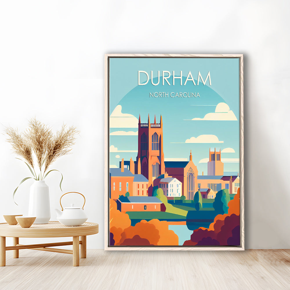 Durham North Carolina Retro Art Print, Durham City Wall Art, Floating Framed Canvas Print, Framed Picture, Painting Canvas