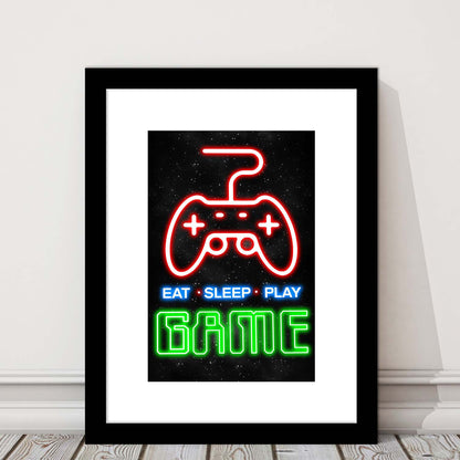 Eat Sleep Play Game, Game Room Art Wall Decor, Framed Art Print, Luxury Pictures Framed, White Border