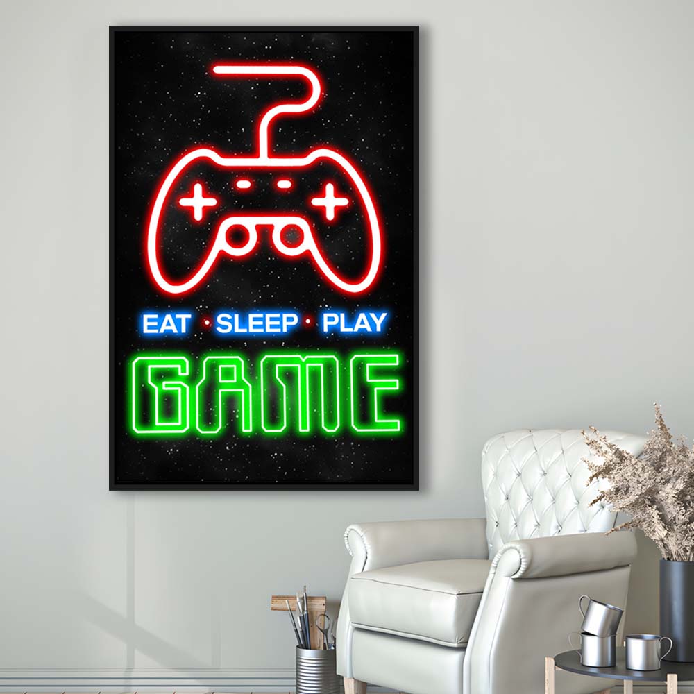 Eat Sleep Play Game, Game Room Art Wall Decor, Framed Canvas Print, Floating Frame, Luxury Wall Art Decor
