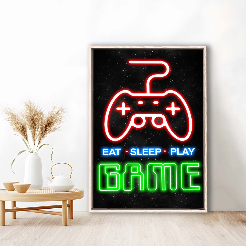 Eat Sleep Play Game, Game Room Art Wall Decor, Framed Canvas Print, Floating Frame, Luxury Wall Art Decor