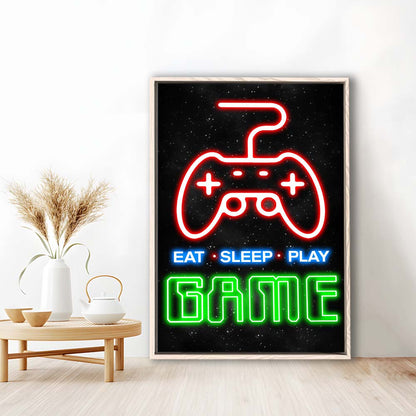 Eat Sleep Play Game, Game Room Art Wall Decor, Framed Canvas Print, Floating Frame, Luxury Wall Art Decor