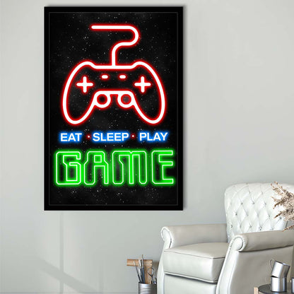 Eat Sleep Play Game, Game Room Art Wall Decor, Framed Art Print, Picture Framed Wall Art Decor