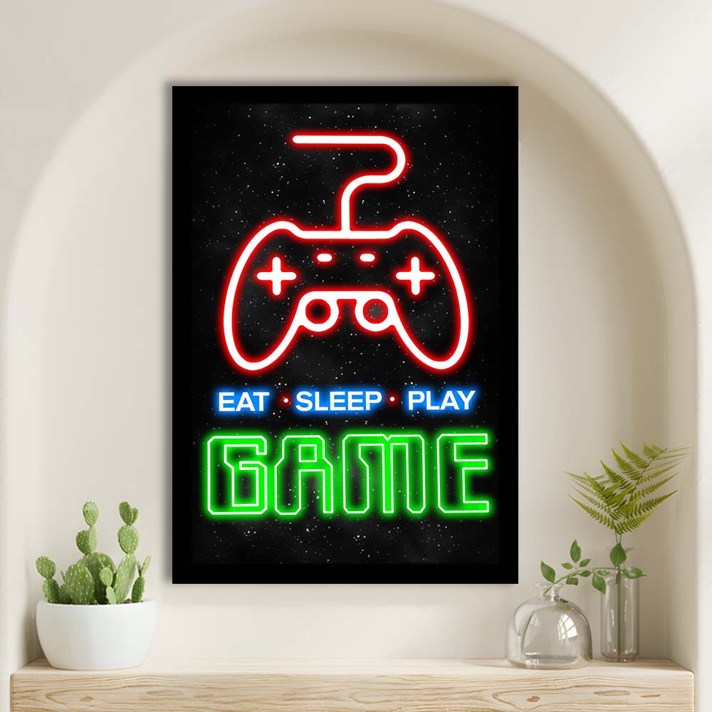 Eat Sleep Play Game, Game Room Art Wall Decor, Framed Art Print, Picture Framed Wall Art Decor