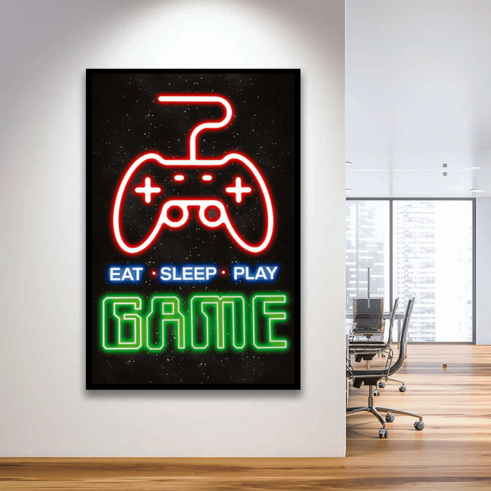 Eat Sleep Play Game, Game Room Art Wall Decor, Framed Art Print, Picture Framed Wall Art Decor