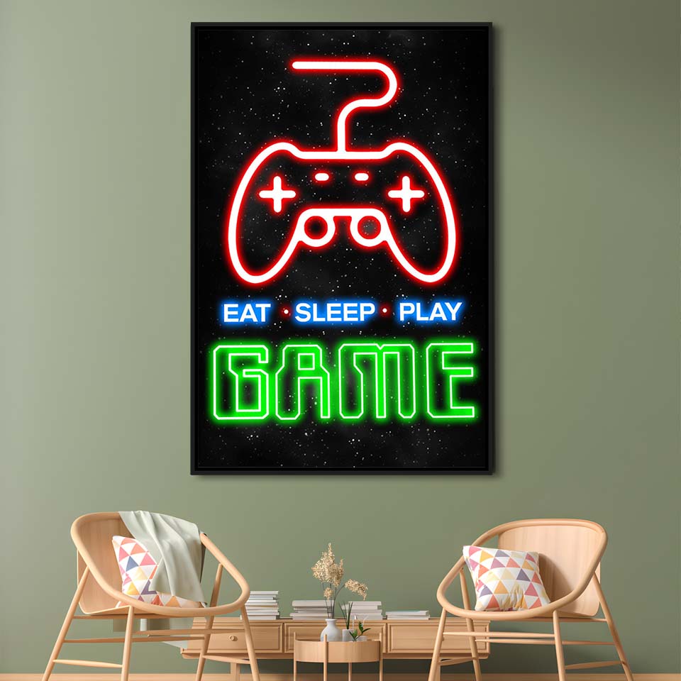 Eat Sleep Play Game, Game Room Art Wall Decor, Framed Canvas Print, Floating Frame, Luxury Wall Art Decor