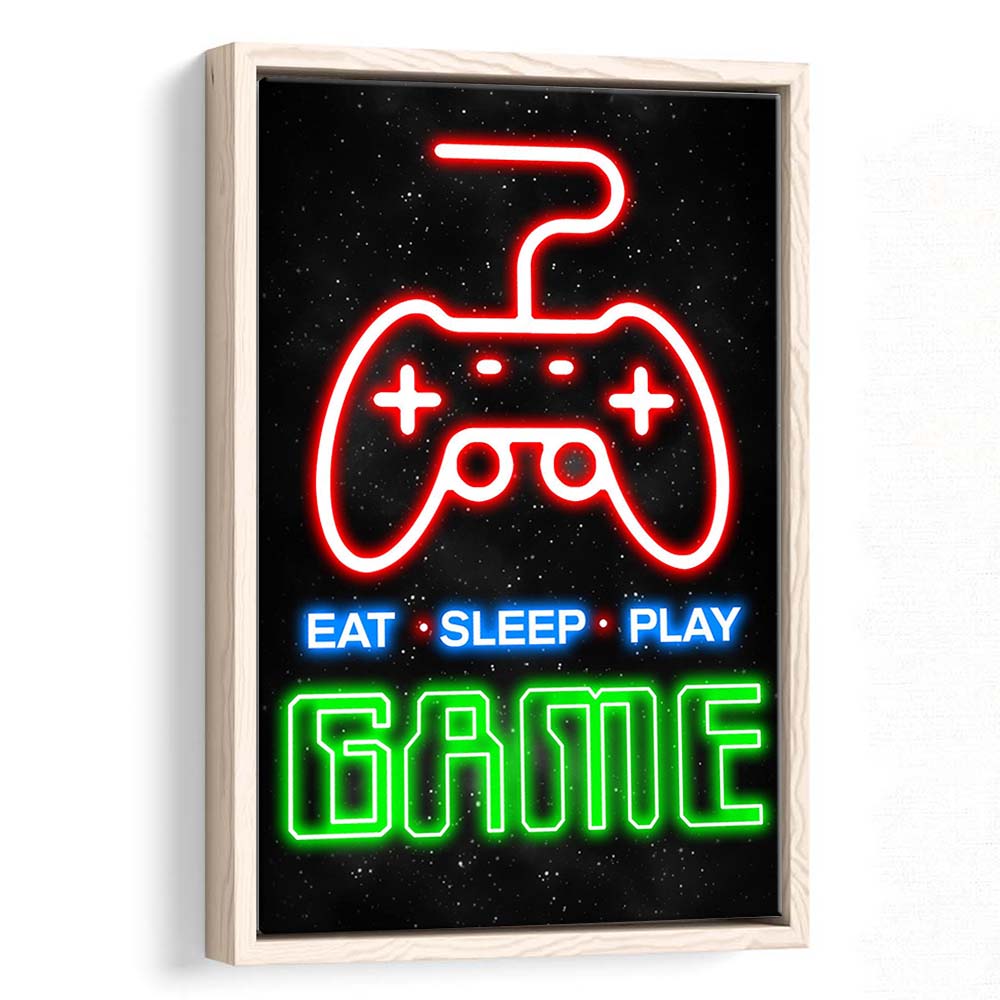 Eat Sleep Play Game, Game Room Art Wall Decor, Framed Canvas Print, Floating Frame, Luxury Wall Art Decor