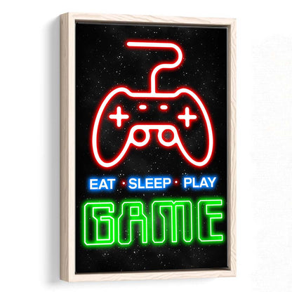 Eat Sleep Play Game, Game Room Art Wall Decor, Framed Canvas Print, Floating Frame, Luxury Wall Art Decor