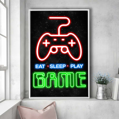Eat Sleep Play Game, Game Room Art Wall Decor, Framed Canvas Print, Floating Frame, Luxury Wall Art Decor