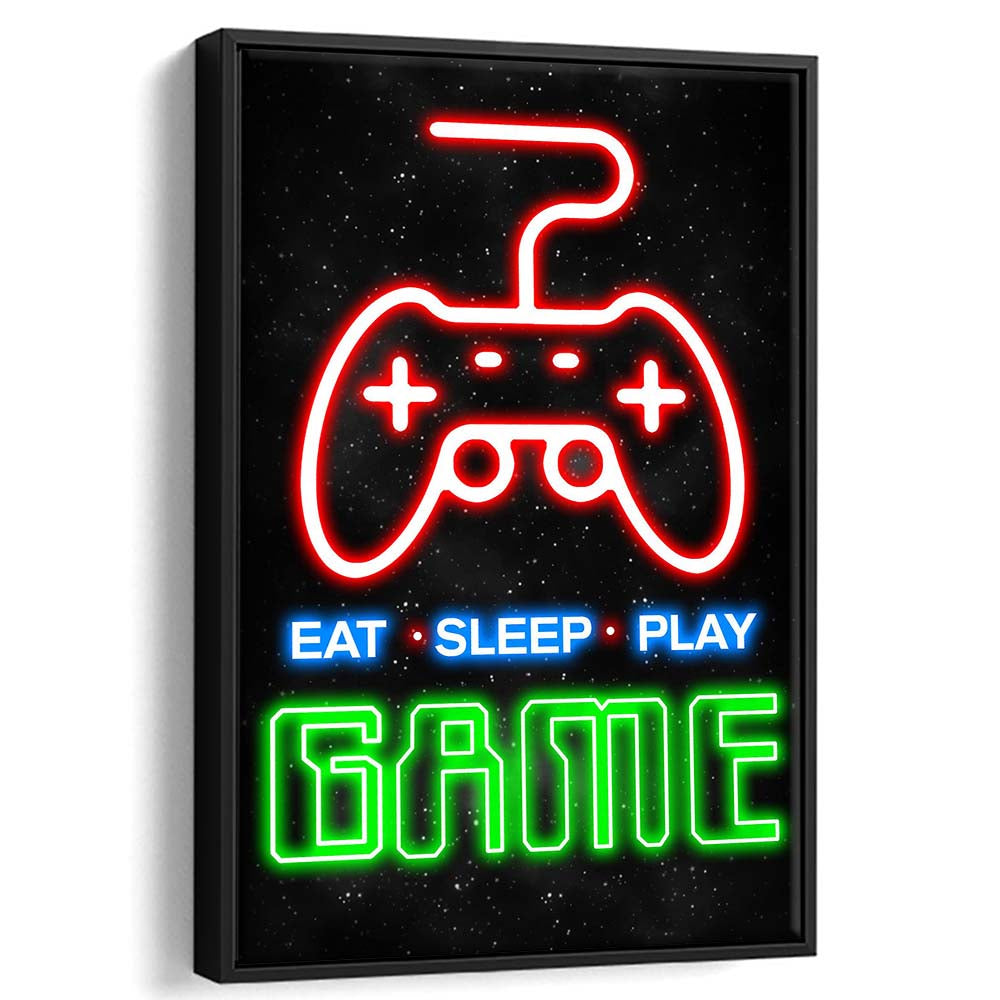 Eat Sleep Play Game, Game Room Art Wall Decor, Framed Canvas Print, Floating Frame, Luxury Wall Art Decor