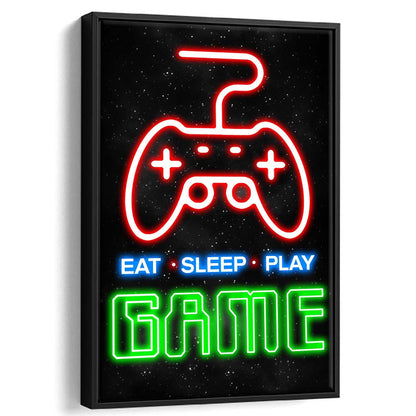 Eat Sleep Play Game, Game Room Art Wall Decor, Framed Canvas Print, Floating Frame, Luxury Wall Art Decor