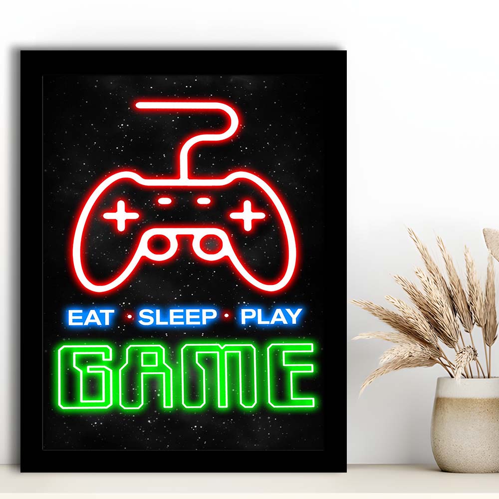 Eat Sleep Play Game, Game Room Art Wall Decor, Framed Art Print, Picture Framed Wall Art Decor