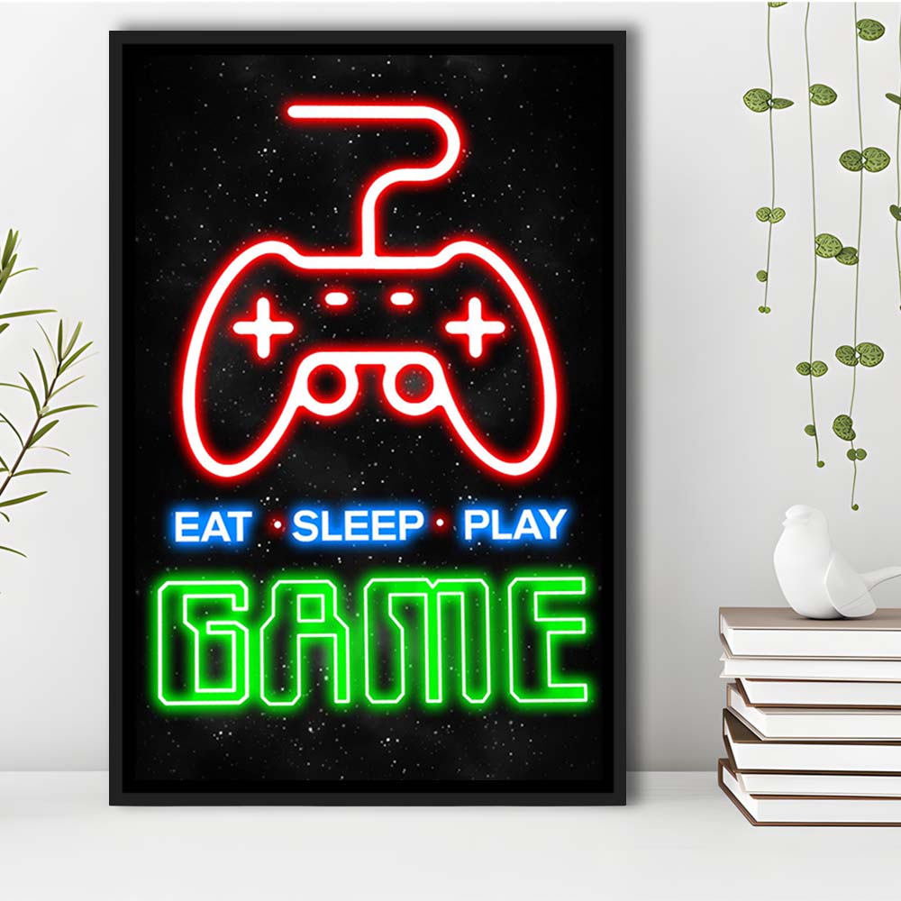 Eat Sleep Play Game, Game Room Art Wall Decor, Framed Canvas Print, Floating Frame, Luxury Wall Art Decor