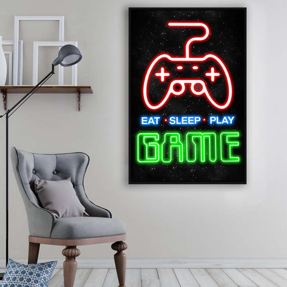 Eat Sleep Play Game, Game Room Art Wall Decor, Framed Canvas Print, Floating Frame, Luxury Wall Art Decor
