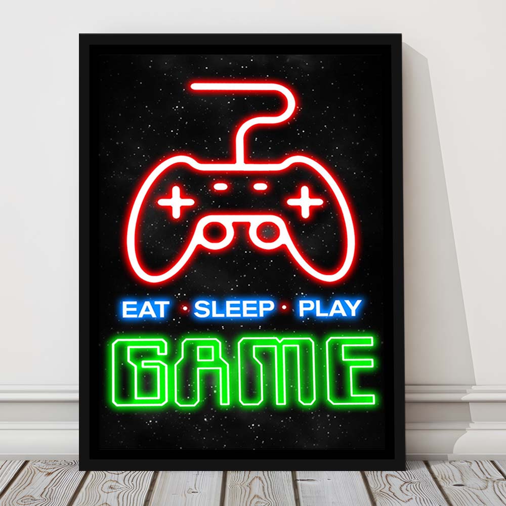 Eat Sleep Play Game, Game Room Art Wall Decor, Framed Canvas Print, Floating Frame, Luxury Wall Art Decor