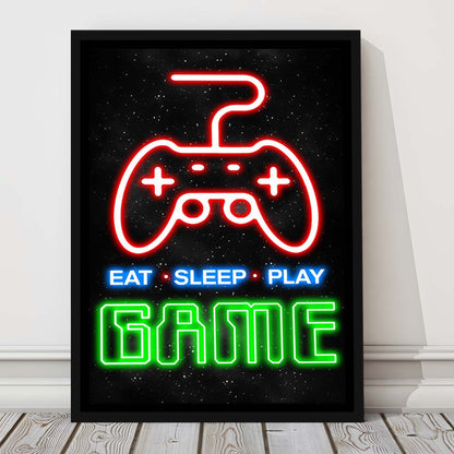 Eat Sleep Play Game, Game Room Art Wall Decor, Framed Canvas Print, Floating Frame, Luxury Wall Art Decor