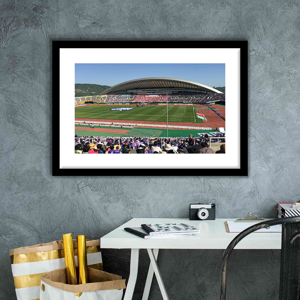 Edion Stadium Hiroshima, Stadium Canvas, Sport Art, Gift for him, White Border Framed Art Print Wall Decor