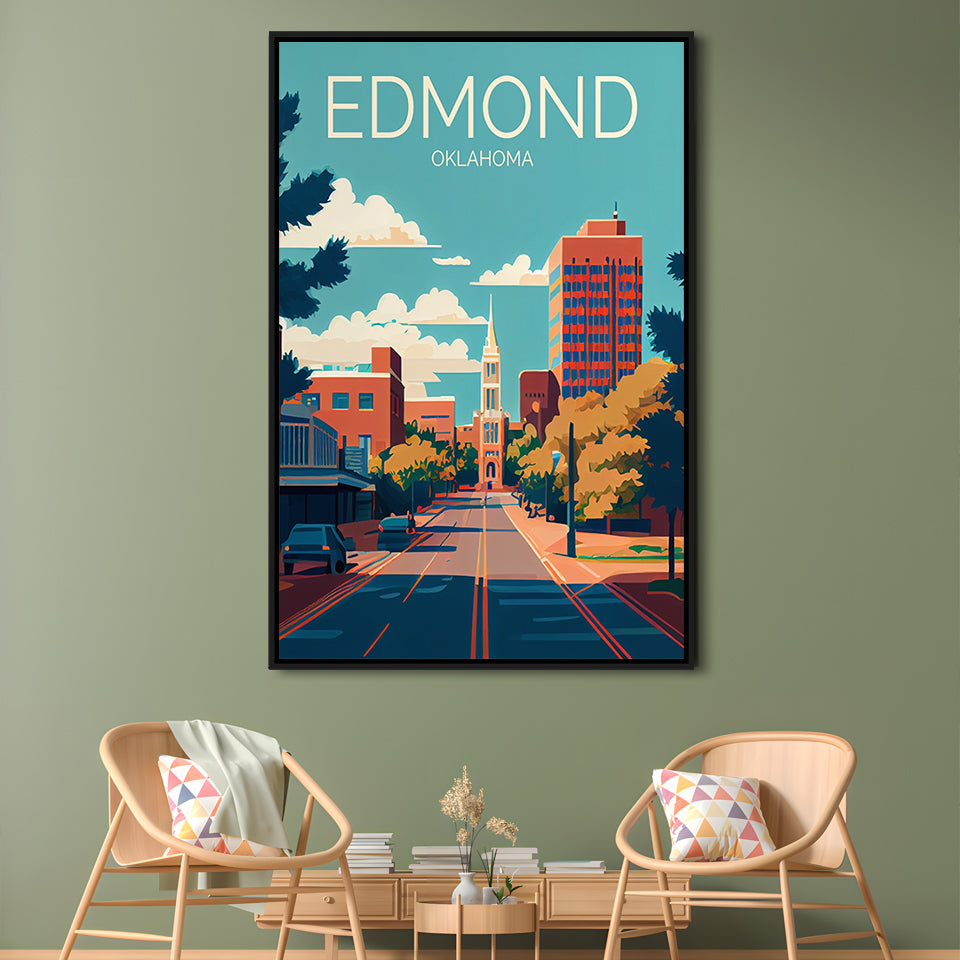 Edmond Oklahoma Retro Art Print, Edmond City Wall Art, Floating Framed Canvas Print, Framed Picture, Painting Canvas
