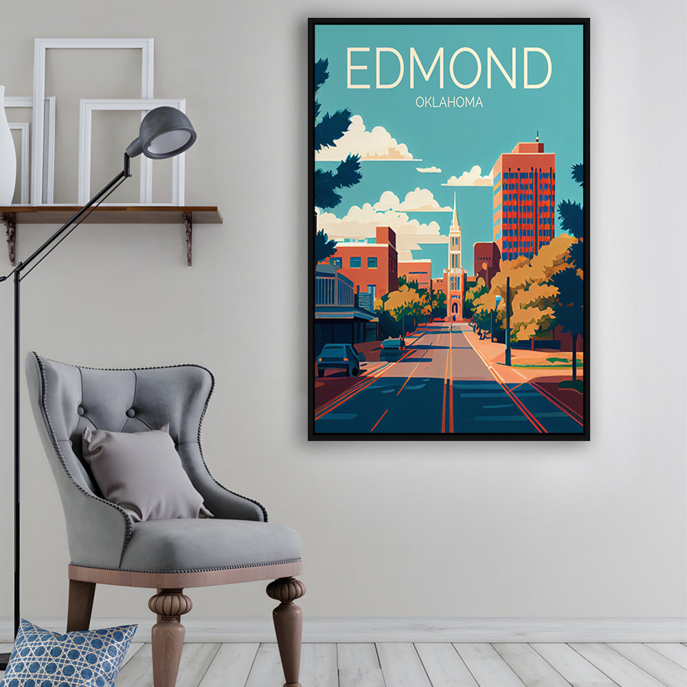 Edmond Oklahoma Retro Art Print, Edmond City Wall Art, Floating Framed Canvas Print, Framed Picture, Painting Canvas