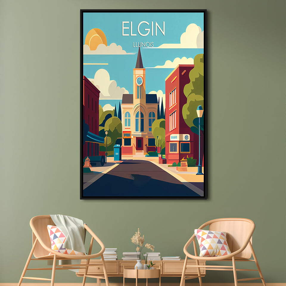 Elgin Illinois Retro Art Print, Elgin City Wall Art, Floating Framed Canvas Print, Framed Picture, Painting Canvas