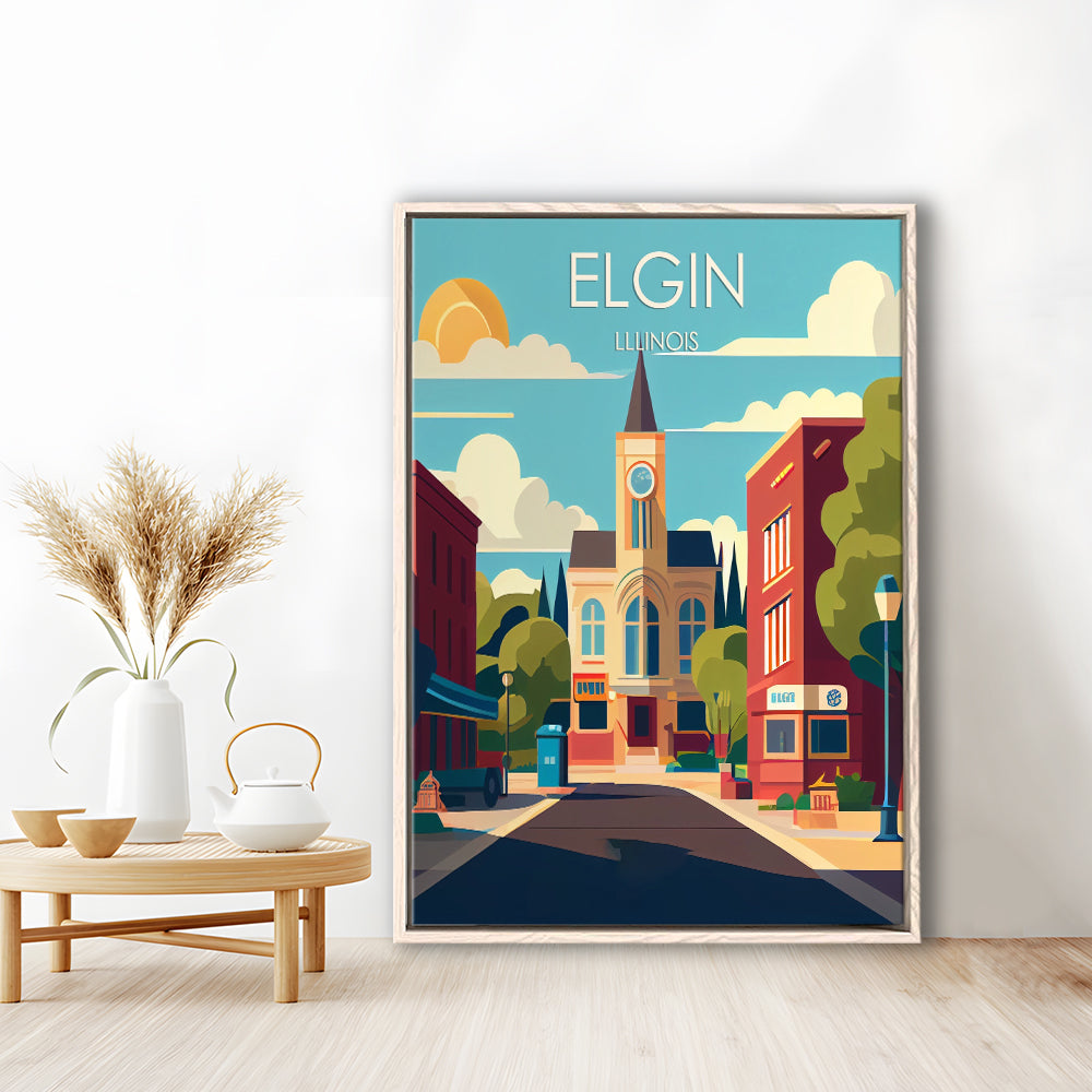 Elgin Illinois Retro Art Print, Elgin City Wall Art, Floating Framed Canvas Print, Framed Picture, Painting Canvas