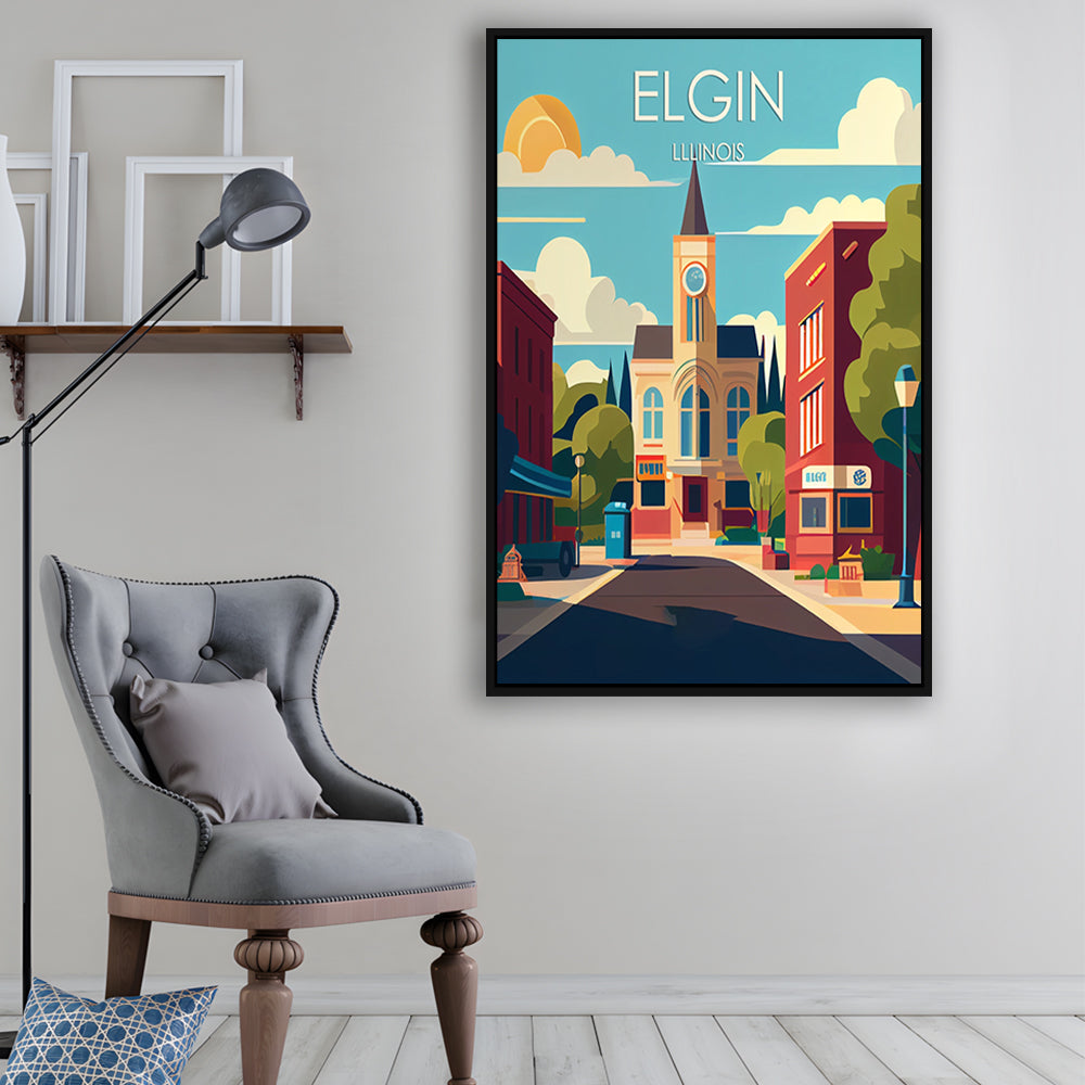Elgin Illinois Retro Art Print, Elgin City Wall Art, Floating Framed Canvas Print, Framed Picture, Painting Canvas