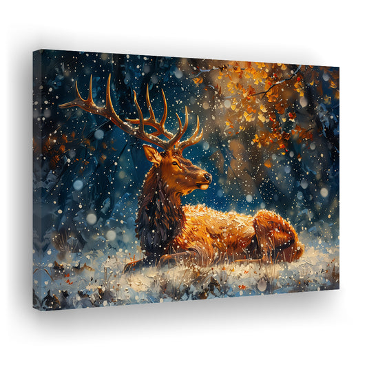 Elk With Antlers And Snow Winter, Hunting Art Decor, Painting Art, Canvas Print Wall Art Home Decor