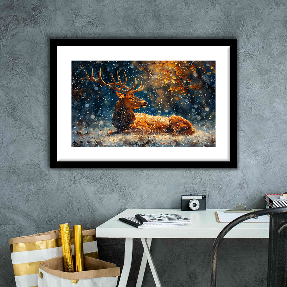 Elk With Antlers And Snow Winter, Hunting Art Decor, Painting Art, Framed Art Print White Border Wall Decor