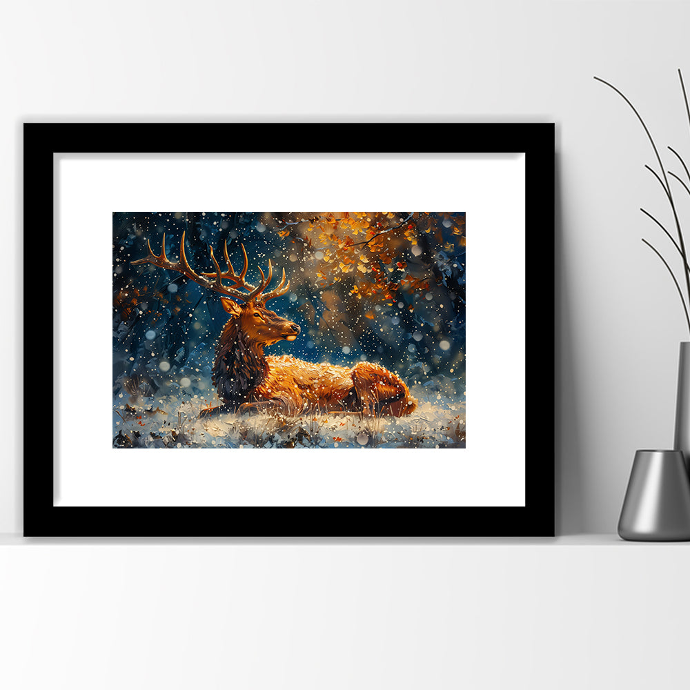 Elk With Antlers And Snow Winter, Hunting Art Decor, Painting Art, Framed Art Print White Border Wall Decor