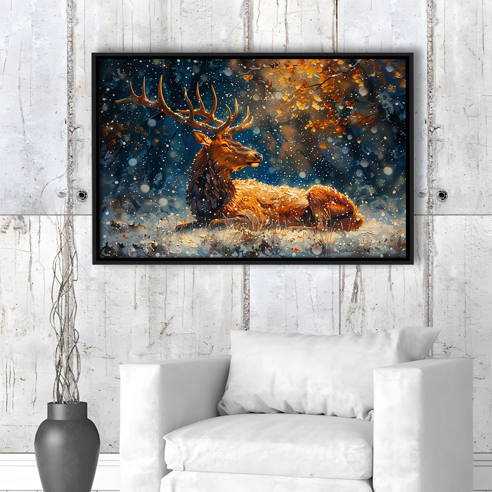 Elk With Antlers And Snow Winter, Hunting Art Decor, Painting Art, Floating Framed Canvas Print Wall Art