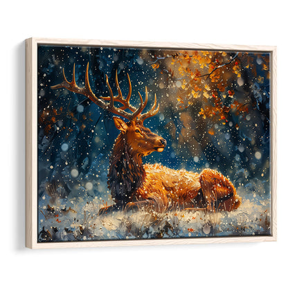 Elk With Antlers And Snow Winter, Hunting Art Decor, Painting Art, Floating Framed Canvas Print Wall Art