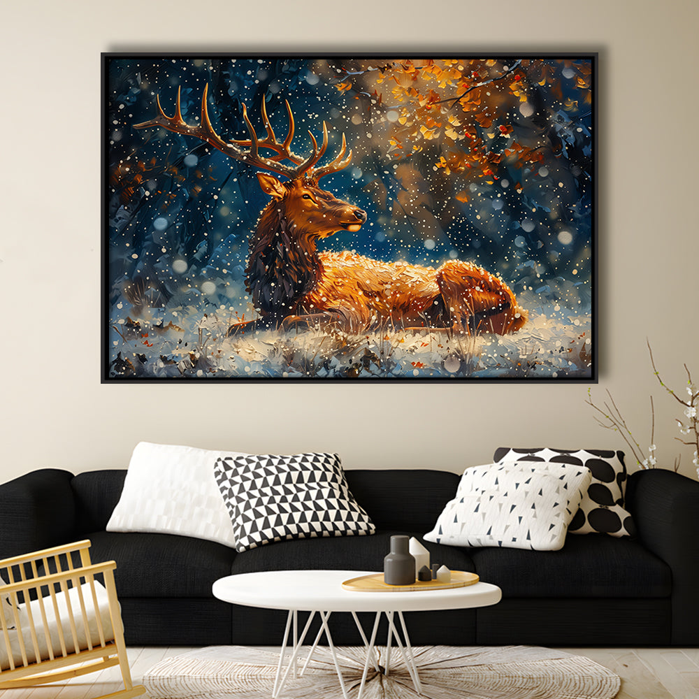 Elk With Antlers And Snow Winter, Hunting Art Decor, Painting Art, Floating Framed Canvas Print Wall Art