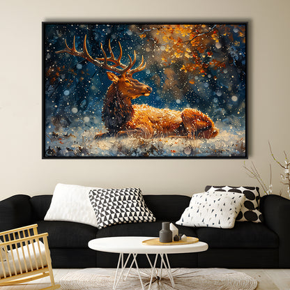 Elk With Antlers And Snow Winter, Hunting Art Decor, Painting Art, Floating Framed Canvas Print Wall Art