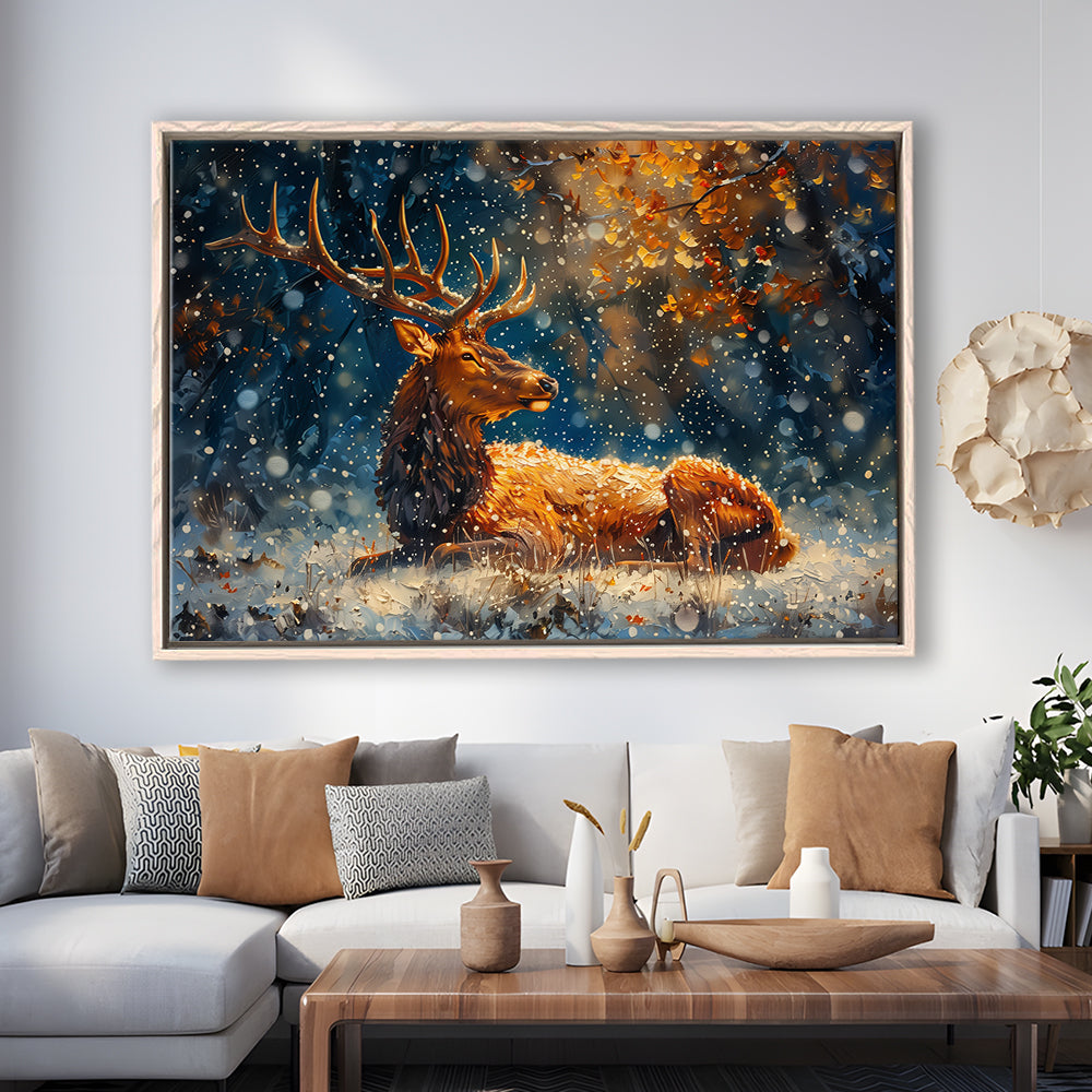 Elk With Antlers And Snow Winter, Hunting Art Decor, Painting Art, Floating Framed Canvas Print Wall Art