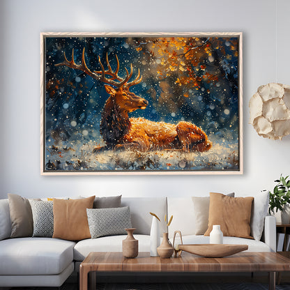 Elk With Antlers And Snow Winter, Hunting Art Decor, Painting Art, Floating Framed Canvas Print Wall Art