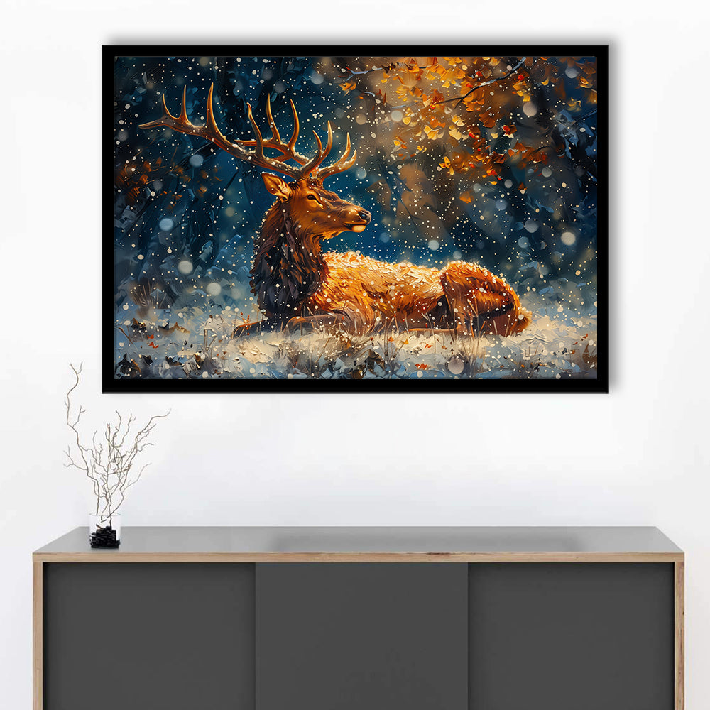 Elk With Antlers And Snow Winter, Hunting Art Decor, Painting Art, Framed Art Print Wall Decor, Framed Picture