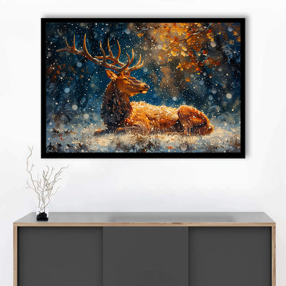 Elk With Antlers And Snow Winter, Hunting Art Decor, Painting Art, Framed Art Print Wall Decor, Framed Picture