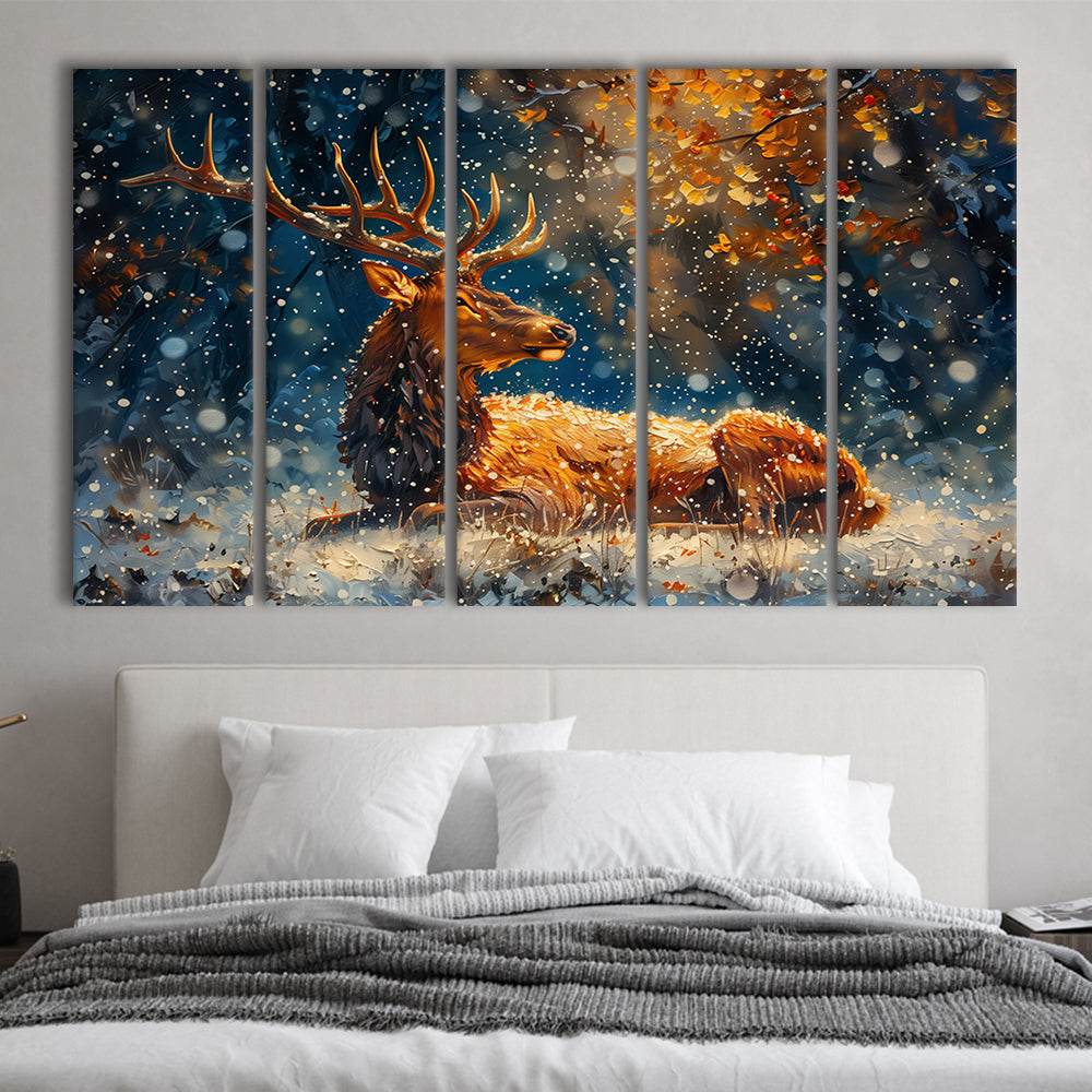 Elk With Antlers And Snow Winter, Hunting Art, Painting Art, Multi Panels Canvas Print Wall Art