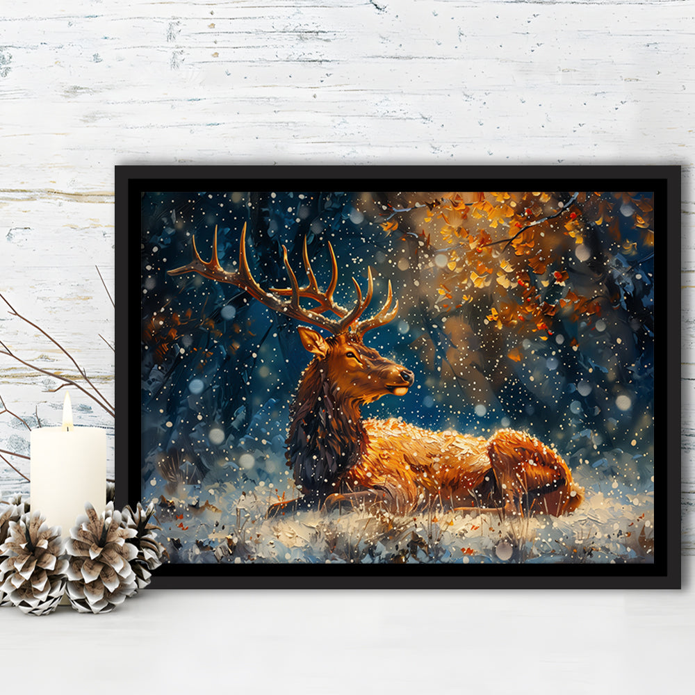 Elk With Antlers And Snow Winter, Hunting Art Decor, Painting Art, Floating Framed Canvas Print Wall Art