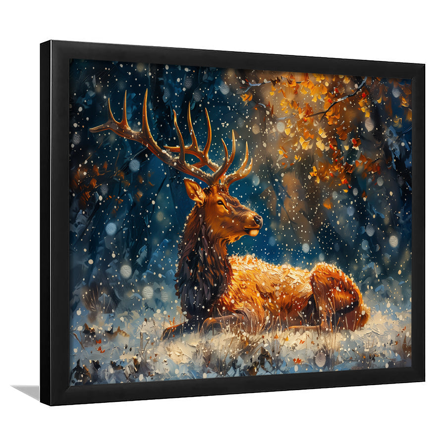 Elk With Antlers And Snow Winter, Hunting Art Decor, Painting Art, Framed Art Print Wall Decor, Framed Picture
